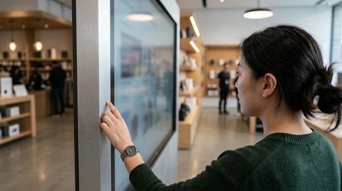 A Korean female customer interacting with a large screen frame in a modern retail space, viewed from over the shoulder.