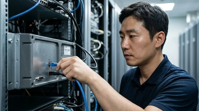 A Korean technician plugging a network cable into the rear port of a controller unit in a server rack.