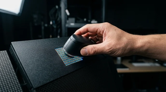 A technician's hand holding a color calibration device against an LED pixel panel.