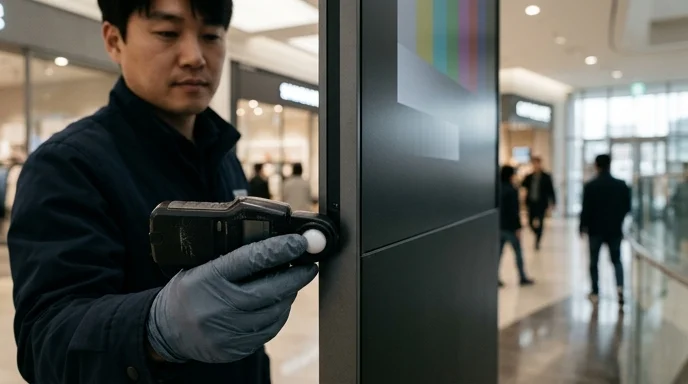 A Korean technician's gloved hand holding a light meter near the edge of a matte digital signage panel.