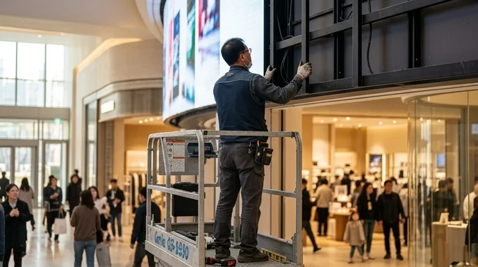 A Korean technician seen from behind on an indoor lift examining the installation environment of a large display.
