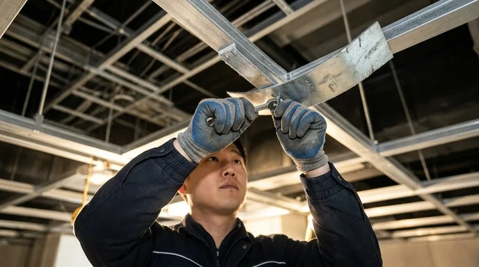 Hands fastening a metal bracket to a ceiling structure under harsh light.