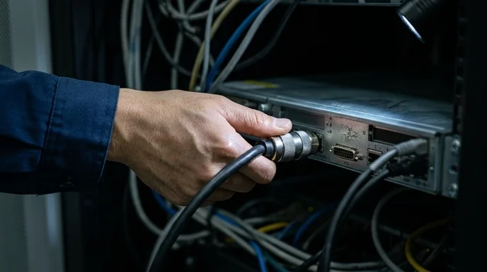 A Korean technician's hand inserting a thick signal cable into the rear port of a controller unit in a dark rack.