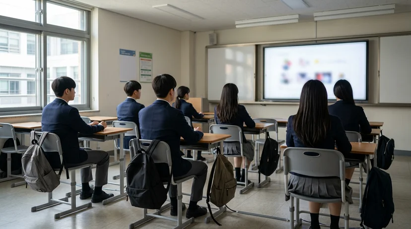 Korean students viewed from behind looking at a large display in a bright classroom.