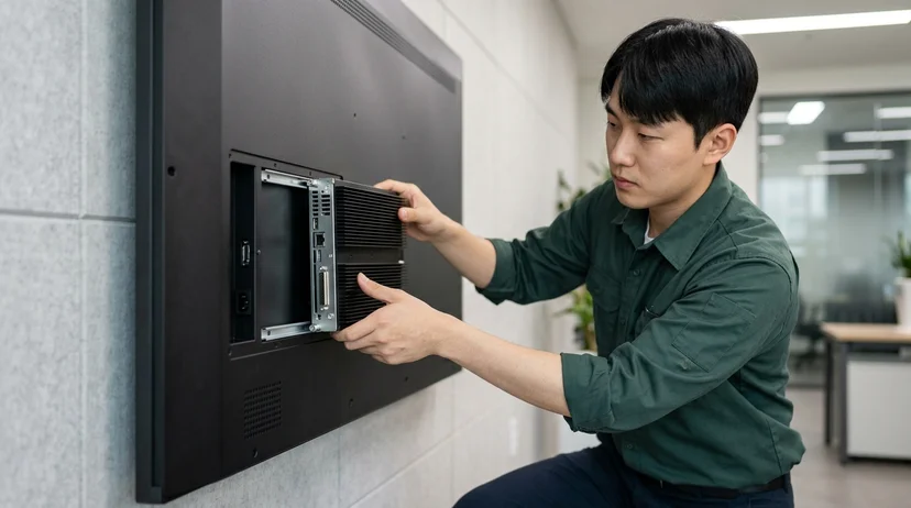 A technician sliding an internal OPS module into the side slot of a digital signage display.