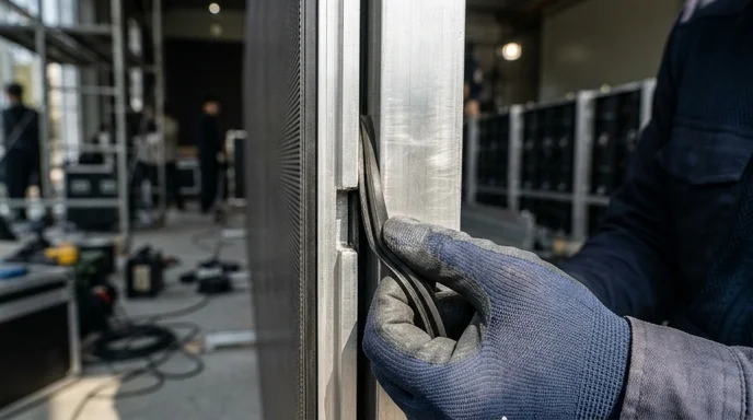 A gloved hand fitting a gasket between two aluminum LED cabinet frames.