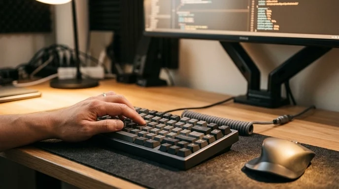 A Korean technician's hand operates a sleek mechanical keyboard on a clean desk with an out-of-focus monitor.