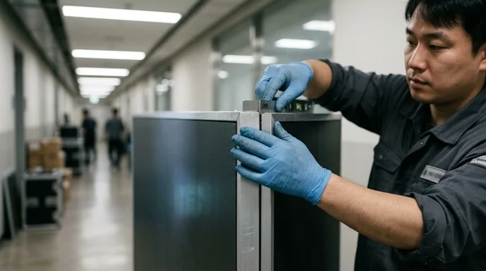 Gloved hands inspect the corner alignment of an LED cabinet.