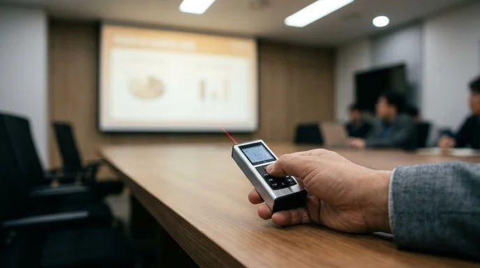 A hand holding a laser distance meter aimed at a display in a conference room.