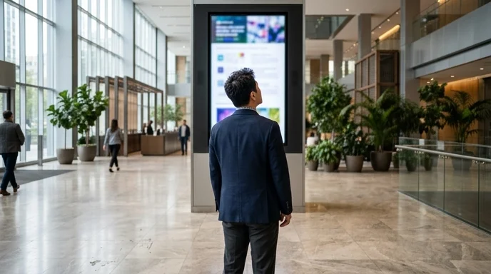 A Korean man looking up at a tall digital signage display in a bright corporate lobby.