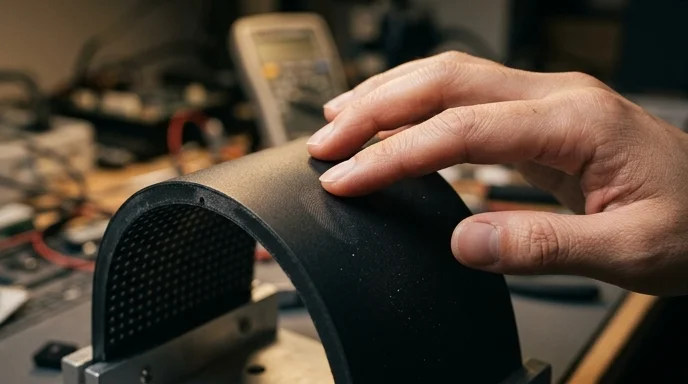 A designer's hand gently stroking the curved surface of an LED module.