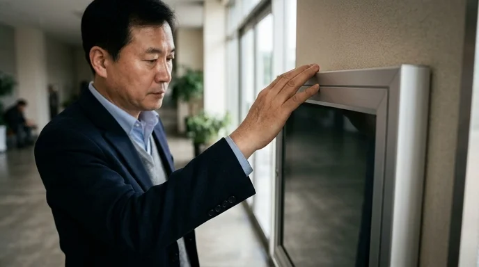 A Korean administrator checking the metallic edge of a fixed display frame on a lobby wall.
