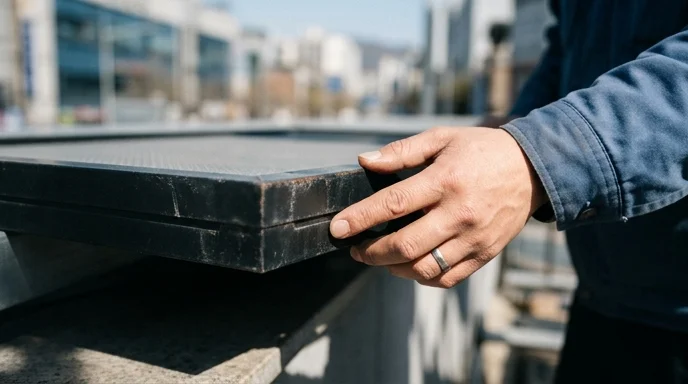 A worker's hand touching the edge of an outdoor display panel under bright sunlight.