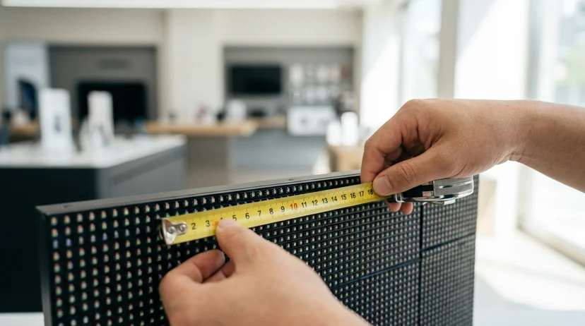 A Korean technician's hands holding a measuring tape against the surface of an LED pixel panel in a store.