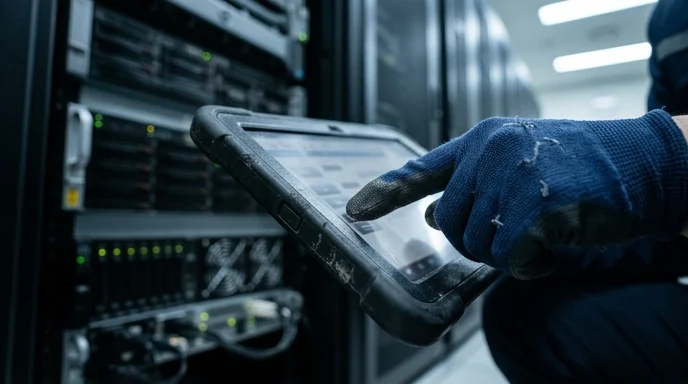 An engineer's gloved hand tapping a tablet in front of media servers.