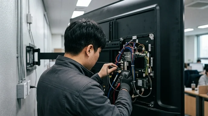 A Korean technician from behind inspecting the electrical wiring of a large display mounted on a wall.