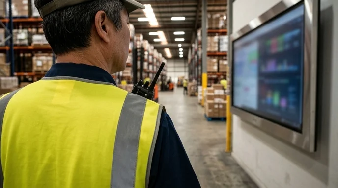 A Korean warehouse manager in a safety vest walks past an out-of-focus wall-mounted digital screen.
