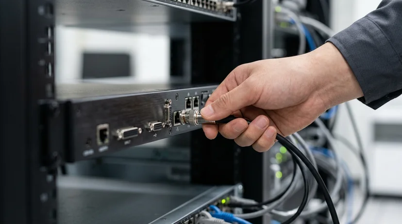 The hand of a Korean technician inserts a sync cable into the rear port of a rack-mounted controller.