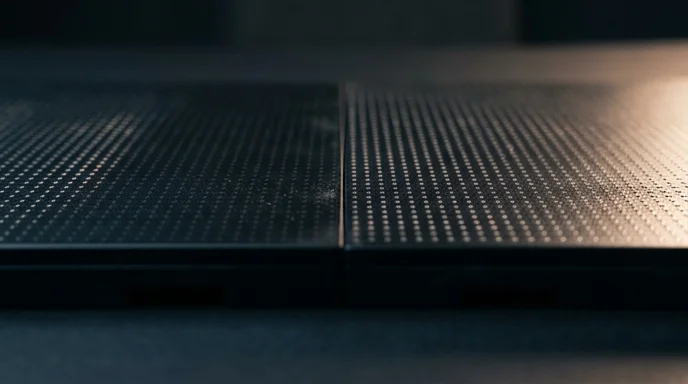 A macro view of two LED display module units seamlessly joined, highlighting the perfectly flush seam.