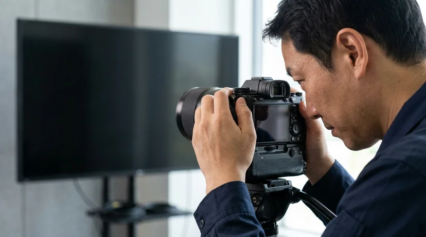 A technician's hand adjusting camera settings while pointing it at a large display.
