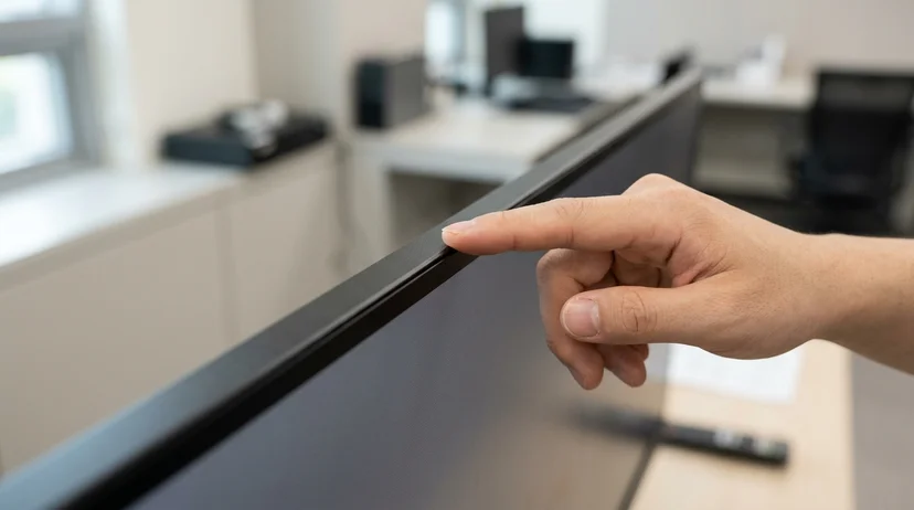 A technician's hand touching the narrow bezel gap between two large display panels.