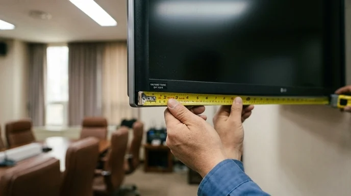 An installer's hand holding a tape measure against the bottom edge of a large display screen.