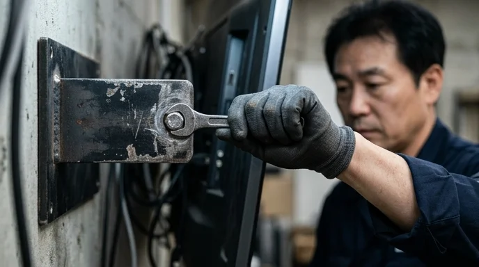 Gloved hand of a Korean technician tightening a steel bracket behind a large screen.