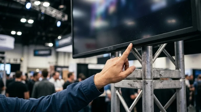 A staff member's hand gesturing toward the lifted bottom edge of a large display.