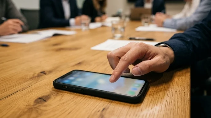 A Korean worker's hand tapping a smartphone on a wooden meeting room table without cables.
