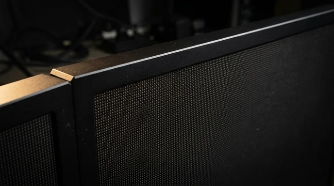 Macro view of an unlit LED display panel surface showing a tight diode grid in a dark studio.
