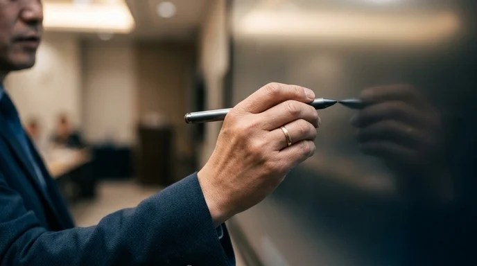 A Korean presenter's hand writing on a large display with a stylus pen in a meeting room.