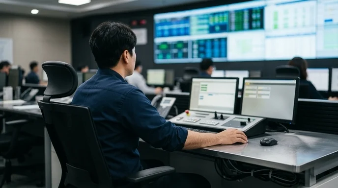 A Korean worker in a uniform sits at a neat desk in a control room facing a large wall-mounted display.
