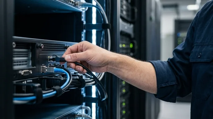 A technician's hand adjusting a cable on the back panel of a media server.