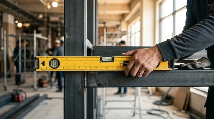 Detail of a Korean technician's bare hand holding a spirit level against a metal screen frame.