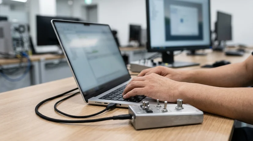 A Korean technician's bare hands typing on a laptop connected to a controller device.
