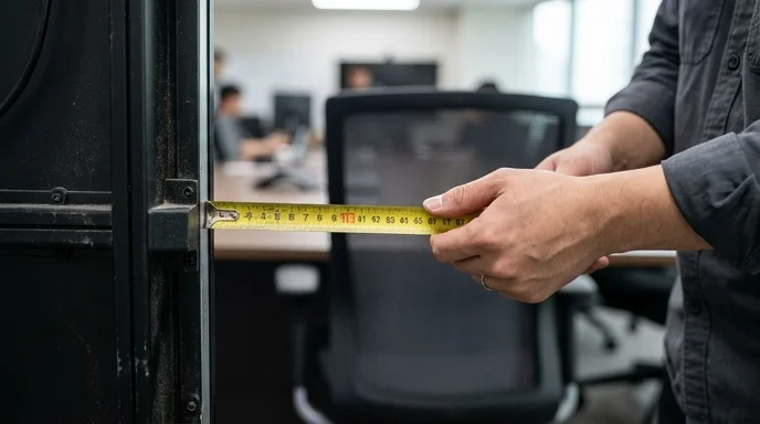 Korean man's hands pulling a yellow measuring tape from the dusty edge of an LED panel toward a blurred conference chair.
