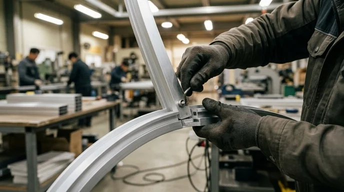 An installer's gloved hands assembling a curved screen frame in a bright workshop.