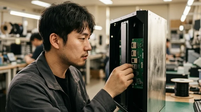 A technician inspects the green receiving card on the rear side of a clean LED cabinet from the side.