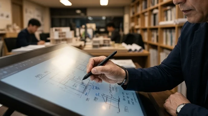A Korean architect's hand holding a stylus and writing on a large display in a warm indoor setting.