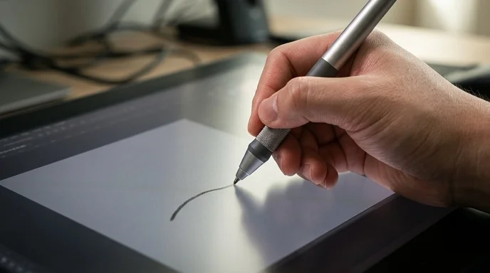 A Korean user's hand resting on a large display while drawing with a stylus.