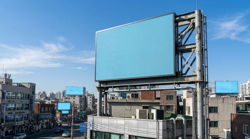 건물 옥상에 회색 철골 뼈대가 복잡하게 얽혀 있고, 그 앞면에 대형 전광판간판이 파란색 화면을 밝히고 있다.