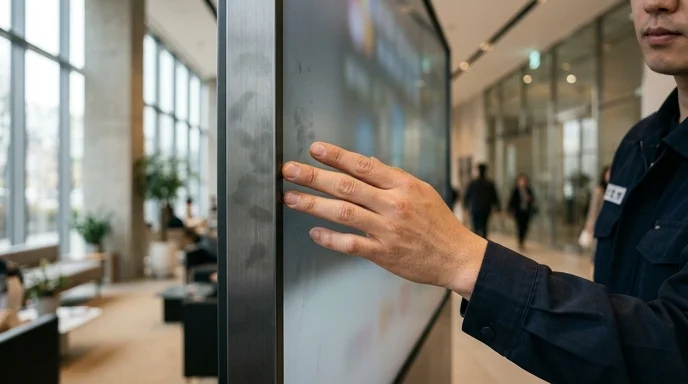 A Korean technician's hand inspecting the aluminum bezel of a large display structure in a lobby with morning light.