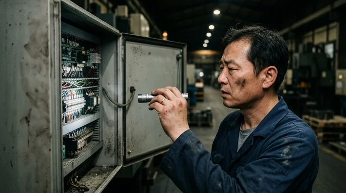 A Korean operator holds a flashlight to inspect the internal wiring of an opened machine panel in a dark factory.