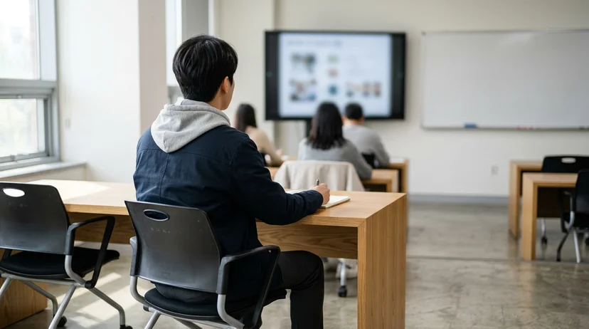 A Korean male student seen from the back looking at a large display from a comfortable viewing distance in a classroom.