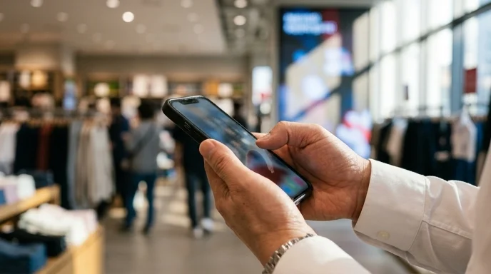 A Korean manager's hand operates a smartphone in a retail store with the background digital signage completely blurred.