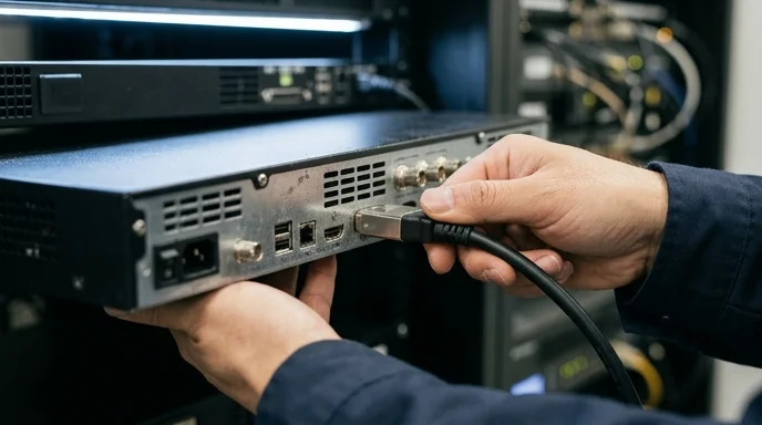 A Korean technician's hand plugging a cable into the rear port of a controller, with equipment rack out of focus.