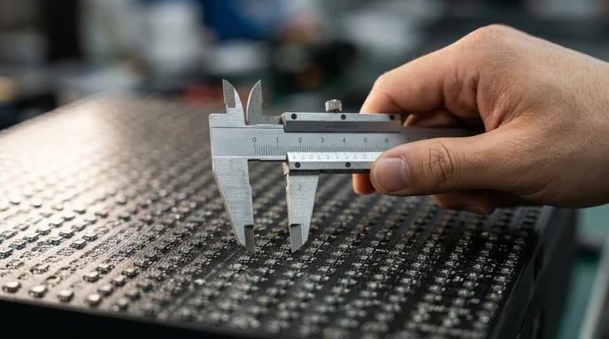 An engineer's hand using a metal caliper to measure the surface of an LED module.