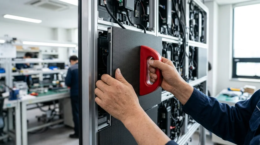 A technician using a magnetic tool to attach or detach an LED module panel.
