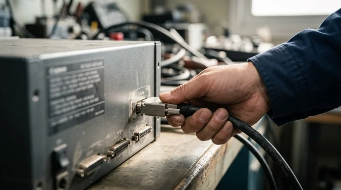 A Korean technician's hand inserting a video cable into the back port of a controller.