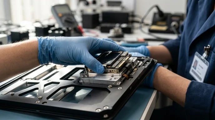 Gloved hands of a Korean technician removing a component from the front of a screen frame.